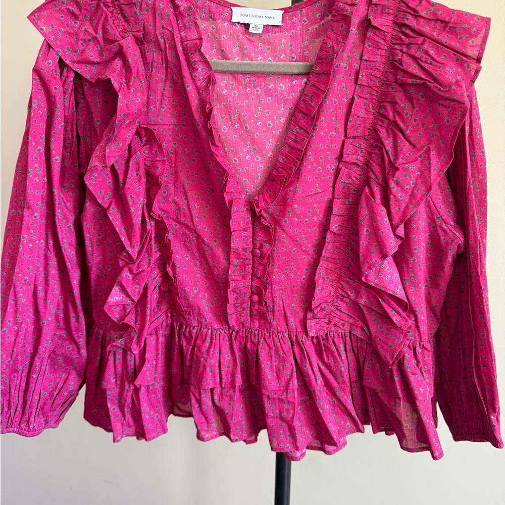 Something Navy Pink Ruffled 3/4 Sleeve Blouse